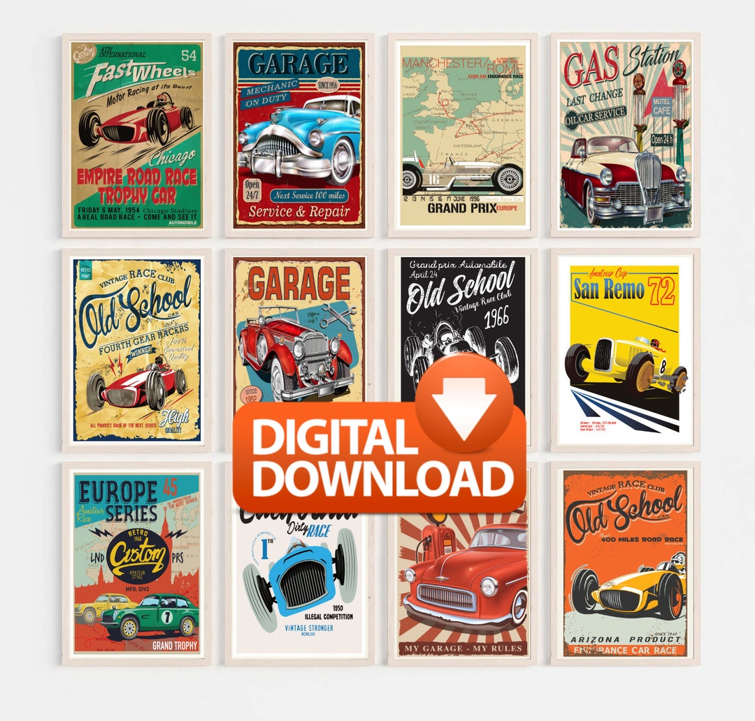 Retro Classic Car Poster Prints Set of 12 INSTANT DOWNLOAD