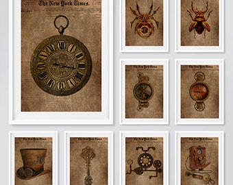 STEAMPUNK Art Poster Prints Industrial Fantasy Clock Beetle Spider Compass Hat Key Vintage Victorian Antique Style Grunge Prints Wall Art