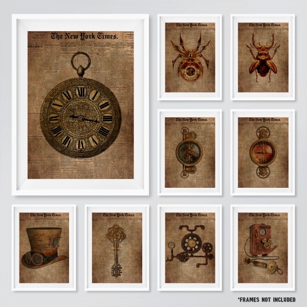 Affiche d'art STEAMPUNK, horloge industrielle fantastique, coléoptère, boussole, clé, style vintage victorien antique, impressions grunge, art mural