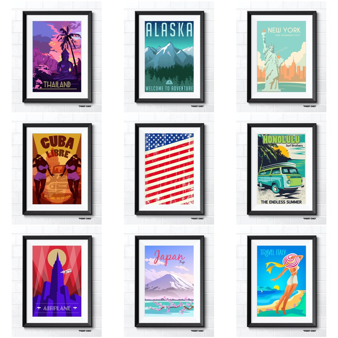 Superb Retro Travel Poster Prints Thailand New York Alaska Etsy