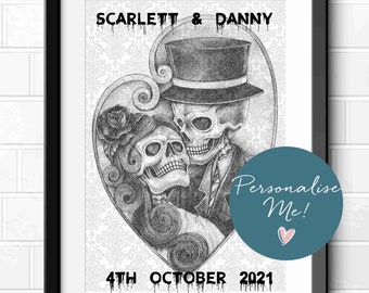 Day of the Dead Skull Personalised Wedding Day Gift Romantic Drawing Gothic Art Prints A4 A3 A2 Sugar Skull Art Prints Wall Art #12