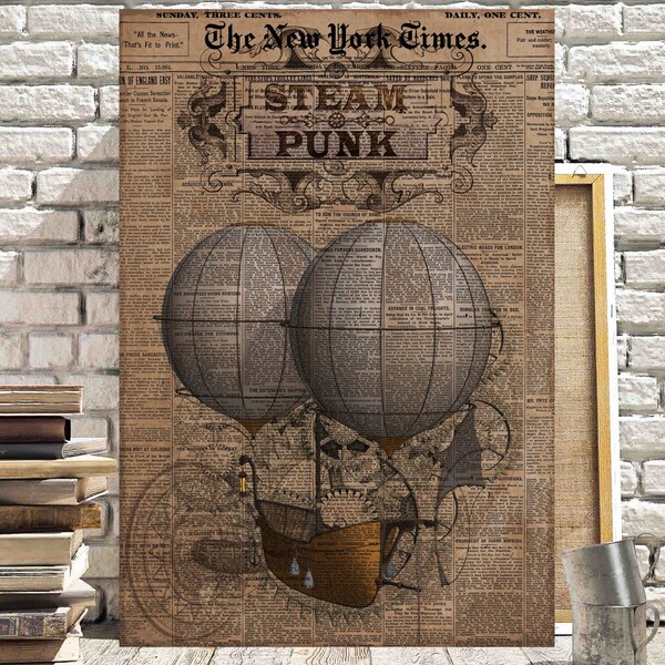 Steampunk Canvas Pictures Vintage Grunge Hot Air Balloon Industrial Fantasy Box Canvases Steampunk Pictures #8