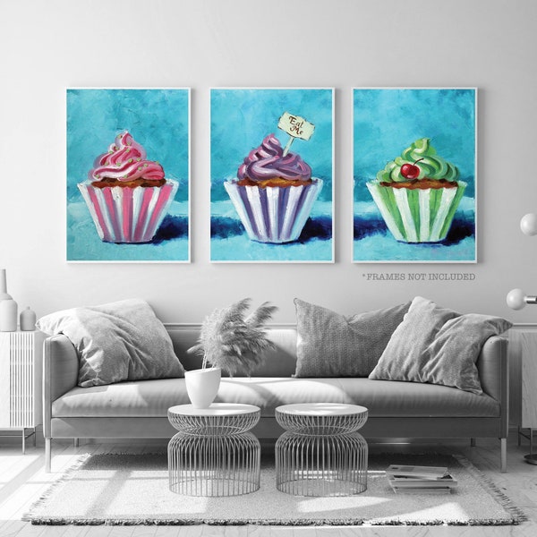 Ensemble de 3 Cupcake peintures bleu rose vert violet Art affiche imprime A1 A2 A3 A4 5 x 7 moderne Art imprime Home Decor Wall Art