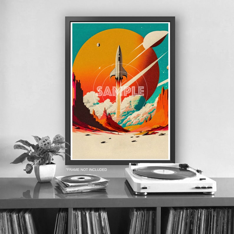 Stampe d'arte spaziali retrò Set di 3 Razzi spaziali Pianeti lunari Stampe di poster senza cornice Pop Art Set di 3 Grandi regali o oggetti da collezione 9 immagine 2