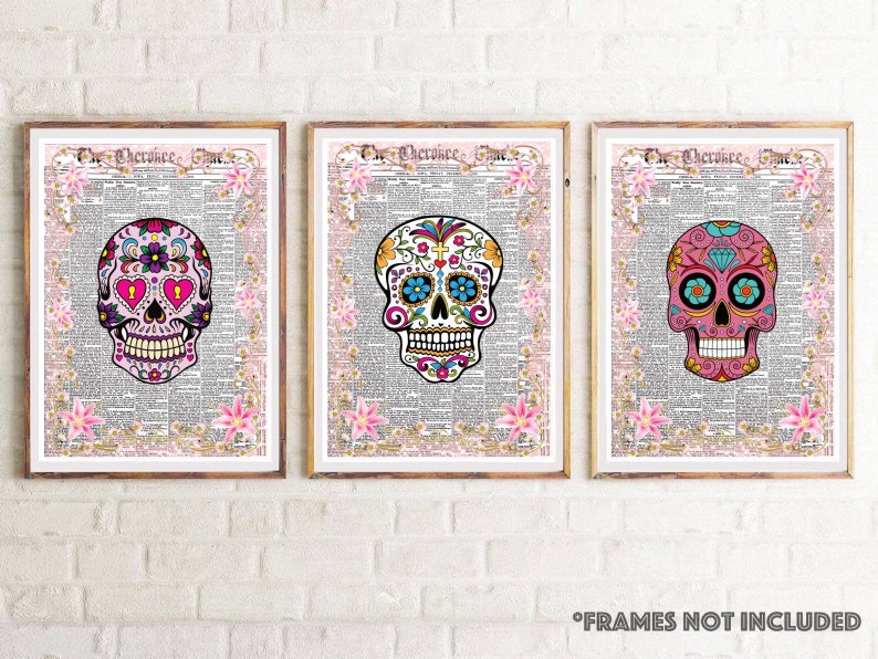 Day of the Dead Sugar Skulls Floral Art Prints A4 Set of 3 Sugar Skull Art Prints Wall Art