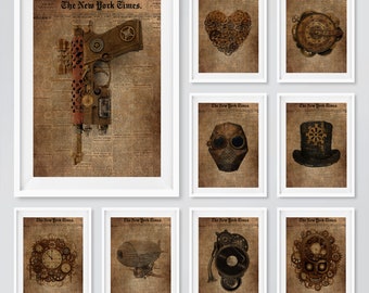 STEAMPUNK Art Poster Stampe Fantasia Industriale Orologio Ingranaggi Mongolfiere Teschio A4 A3 A2 A1 Vintage Stile Vittoriano Grunge Stampe Wall Art