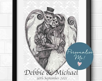 Day of the Dead Skulls Personalised Wedding Day Gift Romantic Drawing Gothic Art Prints A4 A3 A2 Sugar Skull Art Prints Wall Art #11