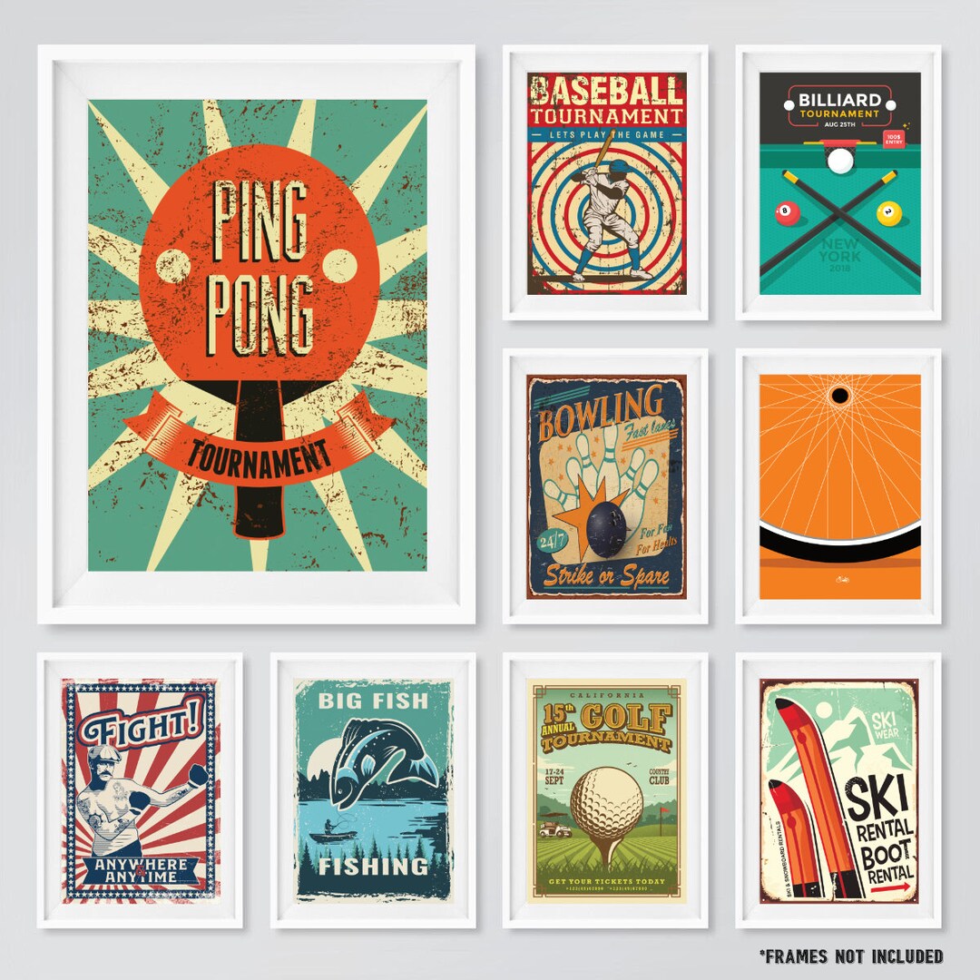 Awesome Retro Sports Pop Art Poster Prints Games Room Fishing Bowling