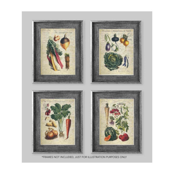 Set of 4 Vintage Victorian Style Kitchen Garden Vegetables Art Prints Beige Vintage Script Traditional Kitchen Wall Art Prints