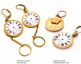 Clock earrings, vintage earrings, elegant earrings, gift for her, jewelry with character, resin earrings, recycled