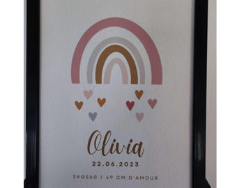 Personalized rainbow birth poster | Baby girl room decoration | First name and date of birth poster | Original birth gift