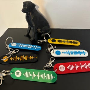 Peut inclure: Six porte-clés de différentes couleurs avec un design de code-barres Spotify. Les porte-clés sont noir, jaune, blanc, rouge, vert et bleu.