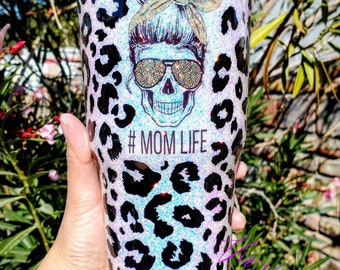 Personalized Tumbler Cheetah Print Leopard Print Mom Tumbler Glitter Tumbler Skull Mom Life Tumbler