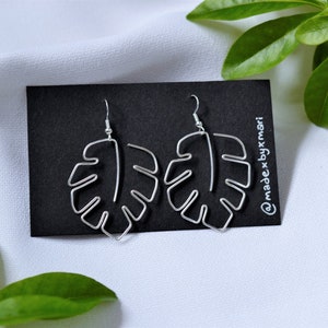 Monstera Leaf Earrings, Tropical Leaf Earrings, Silver Wire Earrings, Minimalist, Quirky, Statement Earrings, Simple Earrings, Gold Earrings