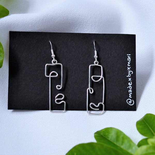 Picasso Naive Style Asymmetrical Abstract Face Earrings, Silver Wire Earrings, Minimalist, Quirky, Statement Earrings, Gold Wire Earrings