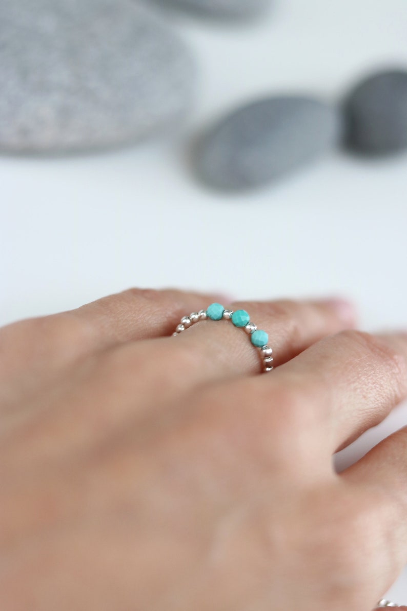 Elastic Custom December birthstone ring Turquoise and sterling silver stretch ring Gift for teenager Silver bead ring Tiny bead ring
