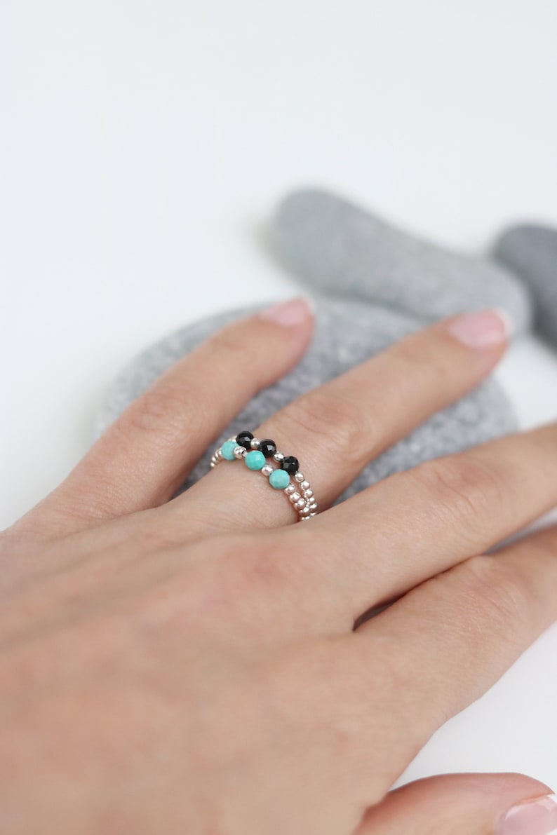 Elastic Custom December birthstone ring Turquoise and sterling silver stretch ring Gift for teenager Silver bead ring Tiny bead ring
