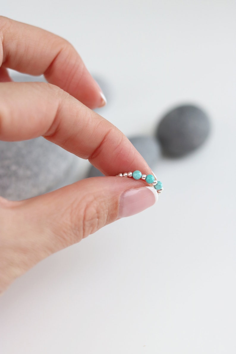 Elastic Custom December birthstone ring Turquoise and sterling silver stretch ring Gift for teenager Silver bead ring Tiny bead ring