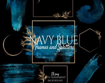 Navy Blue Watercolor Brush Strokes in Gold Foil Frames Clipart, Navy Blue Splash, Watercolor Splashes, Frame Overlays, Navy Blue Splatters