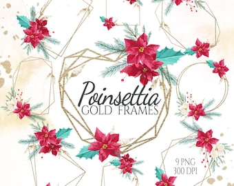 Christmas Frames Clipart, Watercolor Holiday Clipart, Geometric Floral frames, Poinsettia Clipart, Arrangements Frames, Gold frames clip art