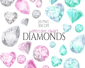 Puede incluir: Un conjunto de 20 ilustraciones de diamantes de acuarela en varias formas y colores, incluyendo rosa, azul y gris. Los diamantes están dispuestos en un patrón aleatorio sobre un fondo blanco. El texto "20 PNG 300 DPI clipart de acuarela DIAMONDS" está escrito en negro en la parte inferior de la imagen.