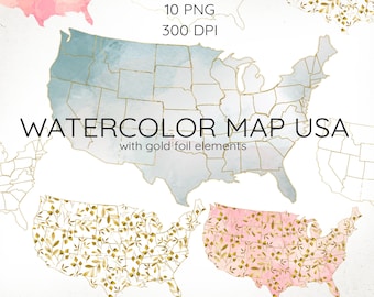 Watercolor USA Map Clipart, Watercolor United States Map, Gold Foil USA Map, United States Clipart, Pink Map, American Map, Gold Leaves, PNG