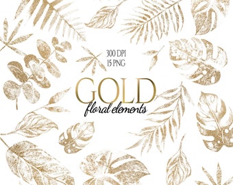 Gold Floral Elements, Foil Leaves Clip Art, Doodle Flower Clipart, Floral Overlays, Floral Stamp, Botanical Doodles, Monstera leaf Clipart