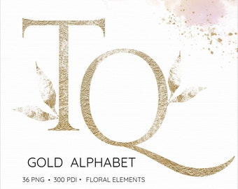 Gold Glitter Alphabet, Gold Letters Clipart, Floral Alphabet, Foil Alphabet, Leaf Alphabet, Glitter Letters, Font Clipart, Glitter Numbers