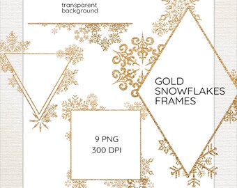 Gold Crystal Frames Clipart, Snowflakes Clip Art, Snowflakes Borders, Glitter Geometric Frames, Christmas Borders, Arrangements Frames, PNG