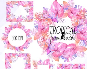 Watercolor Tropical Frame, Palm Leaf Clipart, Watercolor Exotic Clipart, Watercolor Monstera, Tropical Leaves Borders, Tropical Wreath PNG