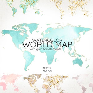 Watercolor World Map Clipart, World Map with Gold Foil Leaves, Blue World Map Clip Art, Blush World Travel, Watercolor Map Graphics, PNG