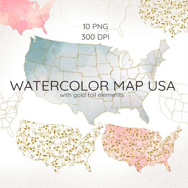 Watercolor USA Map Clipart, Watercolor United States Map, Gold Foil USA Map, United States Clipart, Pink Map, American Map, Gold Leaves, PNG