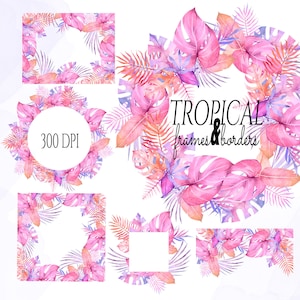 Watercolor Tropical Frame, Palm Leaf Clipart, Watercolor Exotic Clipart, Watercolor Monstera, Tropical Leaves Borders, Tropical Wreath PNG