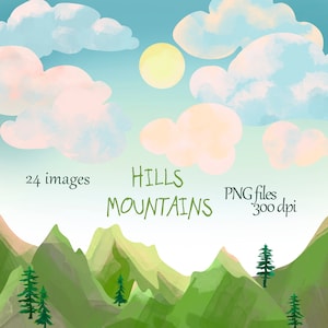 Mountains Clipart, Watercolor Pine Trees, Mountain Download, Hills Clip Art, Mountain Graphics, Forest Clipart, Tree, Cloud Clipart, Sun PNG