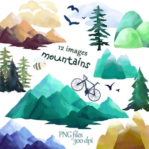 Watercolor Mountains Clipart, Pine Trees, Mountain Download, Mountain graphics, Hills, Forest, Tree, Cloudy, Bicycle, Green, Commercial Use