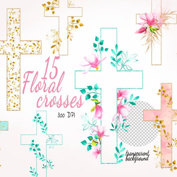 Floral Cross Clipart, Watercolor Flowers Cross, Christian Clip Art, Watercolor Easter Clipart, First Communion, Holy Spirit, Baptism, PNG