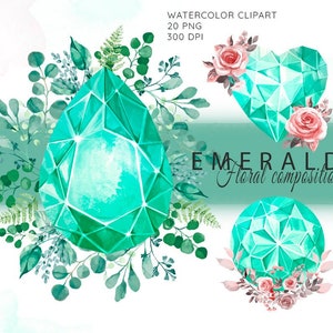 Emerald Clipart, Watercolor Diamonds, Floral Sapphire Clip Art, Jewels, Watercolor Crystal Heart, Gem Clipart, Minerals, Watercolor Gemstone