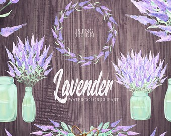 Clipart di lavanda, clipart ghirlanda rustica, illustrazione lilla viola, elementi floreali dell'acquerello, clipart di fiori vintage, barattolo di vetro, PNG