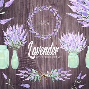 Peut inclure: Clipart aquarelle de fleurs de lavande dans différentes compositions, notamment une couronne, des bouquets dans des pots et des brins liés ensemble. L'image a un fond en bois rustique et le texte "Lavender Watercolor Clipart".