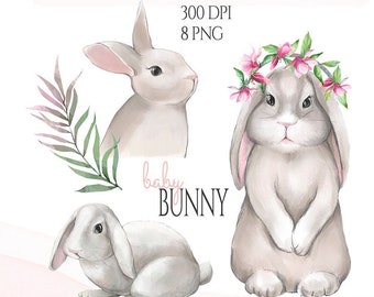 Watercolor Bunny, Rabbit Clipart, Baby Bunnies Clipart, Watercolor Little Animals, Rabbit illustration, Woodland Graphics, Baby Shower, PNG
