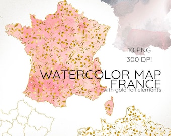 France Map, Watercolor France, Map Clipart, Gold Foil France Map, Watercolor Map, Floral France Maps, Digital Map, Color Map Graphics, PNG