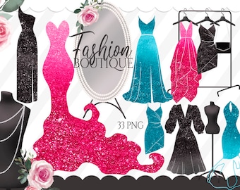 Glitter Dresses Clip Art, Fashion Boutique Clipart, Shopping Clipart, Glamour, Hanger Clipart, Dress Form, Mannequin Clipart, Clothes, PNG