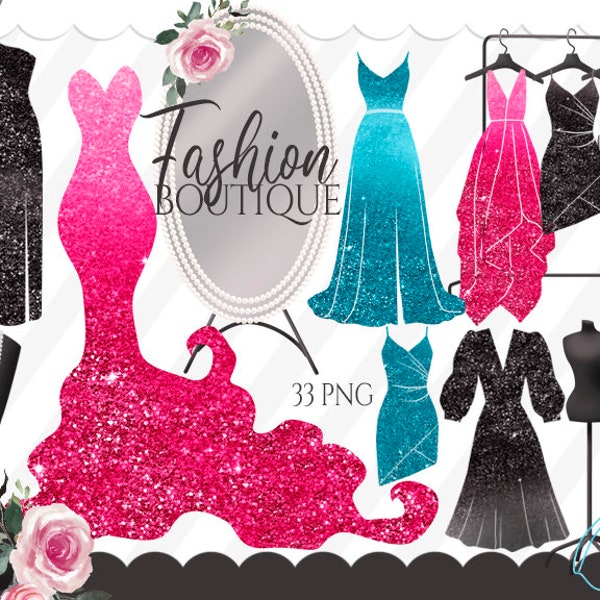 Glitter Dresses Clip Art, Fashion Boutique Clipart, Shopping Clipart, Glamour, Hanger Clipart, Dress Form, Mannequin Clipart, Clothes, PNG