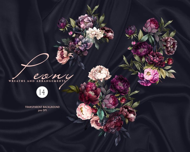 May include: A digital illustration of 14 watercolor peony wreaths and arrangements with a dark blue background. The peonies are in shades of pink, purple, and burgundy.