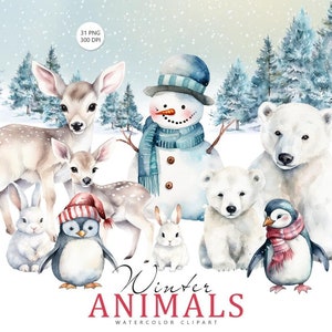 Aquarel winter dieren clipart, pooldieren clipart, pooldieren, kerst, schattige bosdieren, witte beer, hert, babykonijn, png