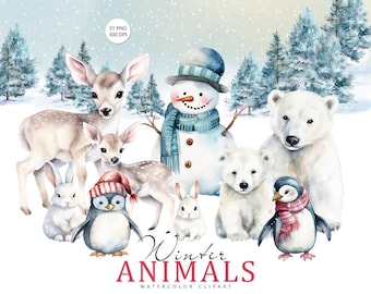 Watercolor Winter Animals Clipart, Arctic Animals Clipart, Polar animals, Christmas, Cute Forest Animals, White Bear, Deer, Baby Bunny, PNG