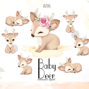 Cute Deer, Girl Baby Deer Clipart, Little Animals, Watercolor Deer, Woodland Baby Shower, Fawn Clip Art, Nursery Decor, Floral Deer, PNG image 1