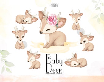 Cute Deer, Girl Baby Deer Clipart, Little Animals, Watercolor Deer, Woodland Baby Shower, Fawn Clip Art, Nursery Decor, Floral Deer, PNG