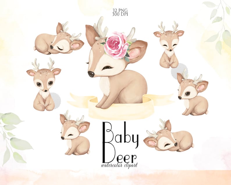 Cute Deer, Girl Baby Deer Clipart, Little Animals, Watercolor Deer, Woodland Baby Shower, Fawn Clip Art, Nursery Decor, Floral Deer, PNG image 1