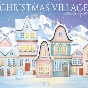 Clipart del villaggio di Natale, città invernale, case acquerellate, paesaggio natalizio, montagne, scena innevata, clipart degli alberi invernali, scandinavo